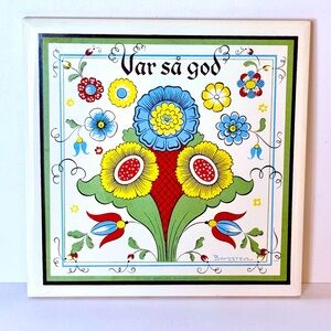 VTG Swedish Flower Tile 1967 Berggren Trayner MCM 6” Folk Art Var So God Welcome